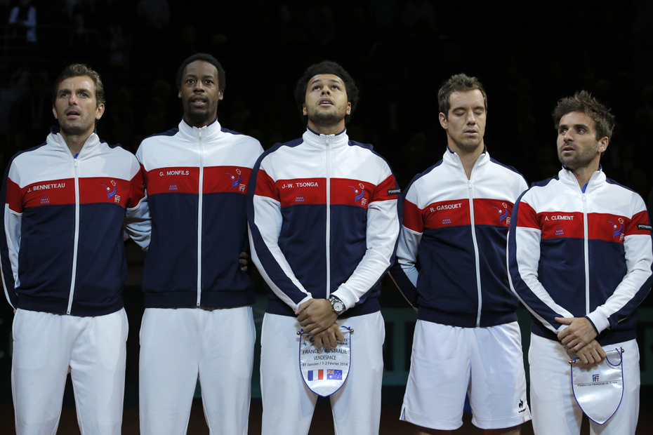 French team posings the national anthem prior to their Davis Cup world